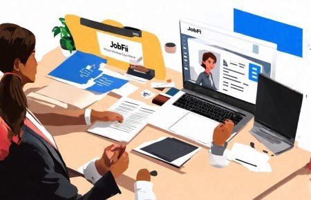 Freelancer presenting portfolio to a client in a modern workspace
