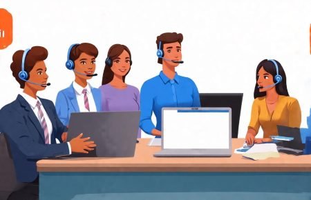 Professional editorial illustration of a remote interview setup for JobFii
