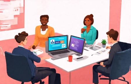 Remote-first workplace with diverse professionals collaborating digitally